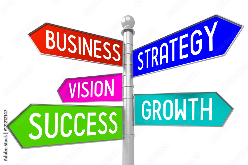 Signpost with 5 arrows - business, strategy, vision, growth, success. Signpost with 5 arrows - business, strategy, vision, growth, success.