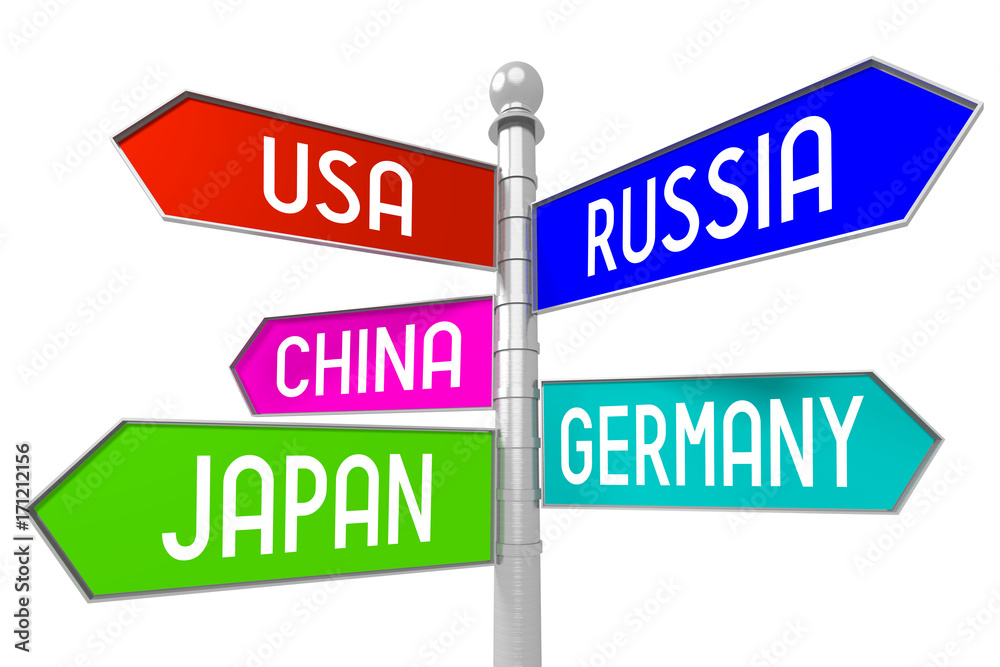 Signpost with 5 arrows - countries - USA, Russia, China, Germany, Japan. Signpost with 5 arrows - countries - USA, Russia, China, Germany, Japan.