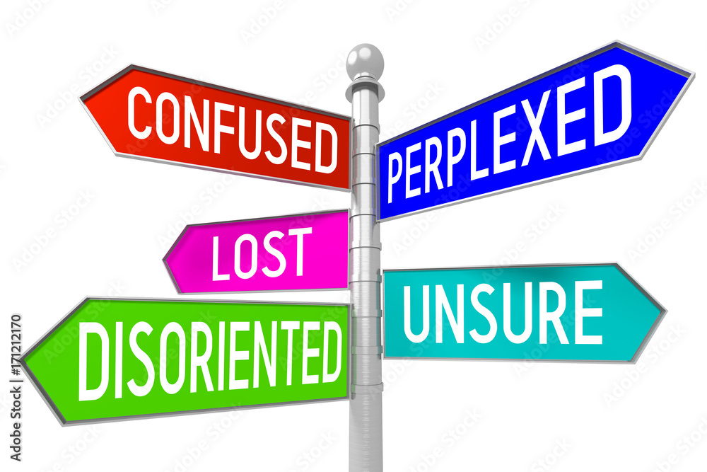 Signpost with 5 arrows - lost concept - confused, perplexed, lost, unsure, disoriented. Signpost with 5 arrows - lost concept - confused, perplexed, lost, unsure, disoriented.