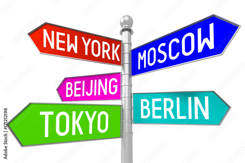 Signpost with 5 arrows - capital cities - New York, Moscow, Beijing, Berlin, Tokyo. Signpost with 5 arrows - capital cities - New York, Moscow, Beijing, Berlin, Tokyo.