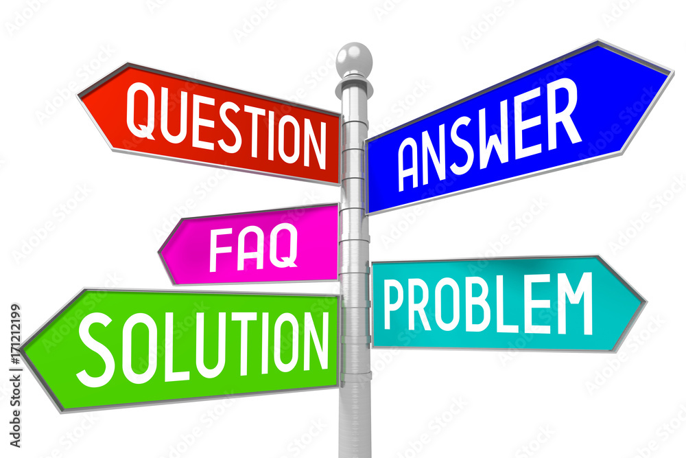 Signpost with 5 arrows - question, answer, faq, problem, solution. Signpost with 5 arrows - question, answer, faq, problem, solution.
