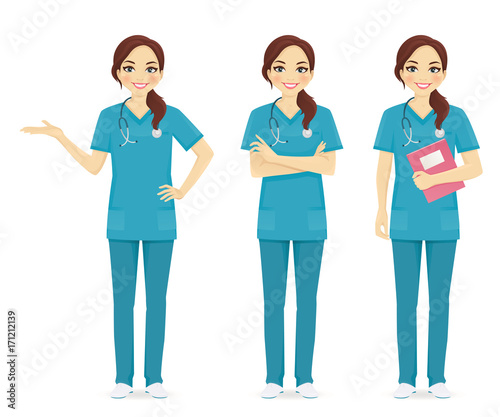 Nurse set in different poses set vector illustration
