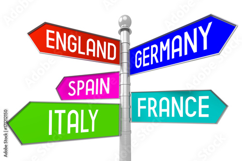 Signpost with 5 arrows - countries - England, Germany, Spain, France, Italy.