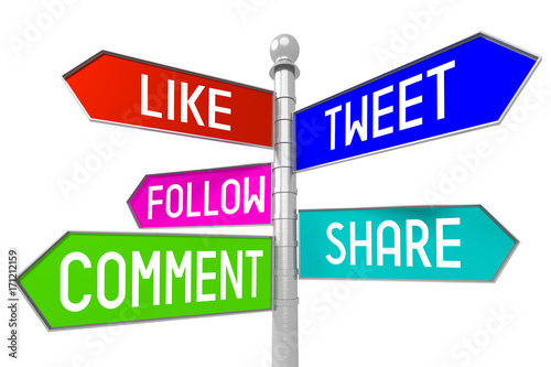 Signpost with 5 arrows - social media concept - like, tweet, follow, share, comment.