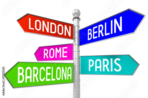 Signpost with 5 arrows - capital cities - London, Berlin, Rome, Paris, Barcelona.