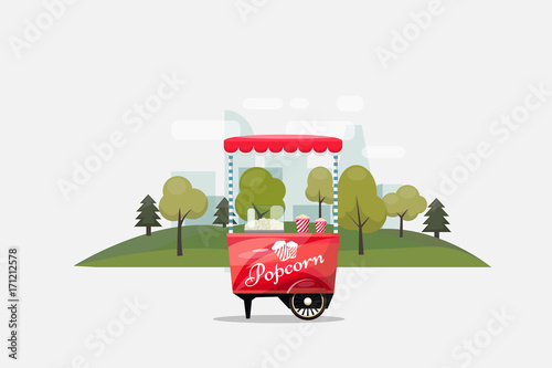 Popcorn cart, kiosk on wheels, retailers, sweets and confectionery products, and flat style isolated on transparent background vector illustration.