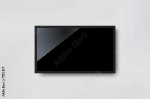 Black LED tv television screen blank on white wall background