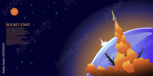 Rocket starting on the background space objects