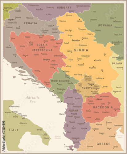 Central Balkan Map - Vintage Vector Illustration