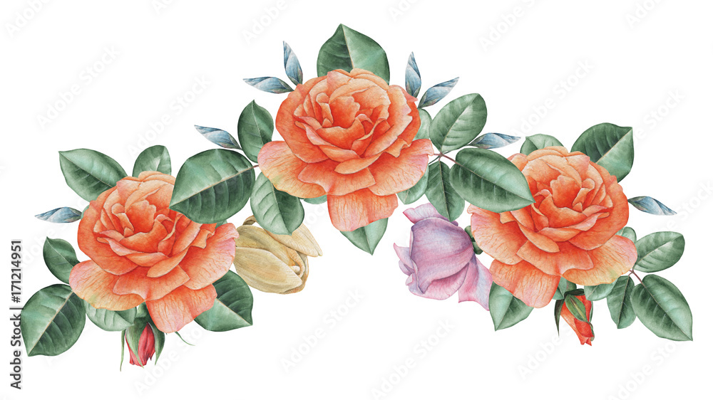 Hand painted watercolor charming combination of Flowers and Leaves, isolated on white background Hand painted watercolor charming combination of Flowers and Leaves, isolated on white background