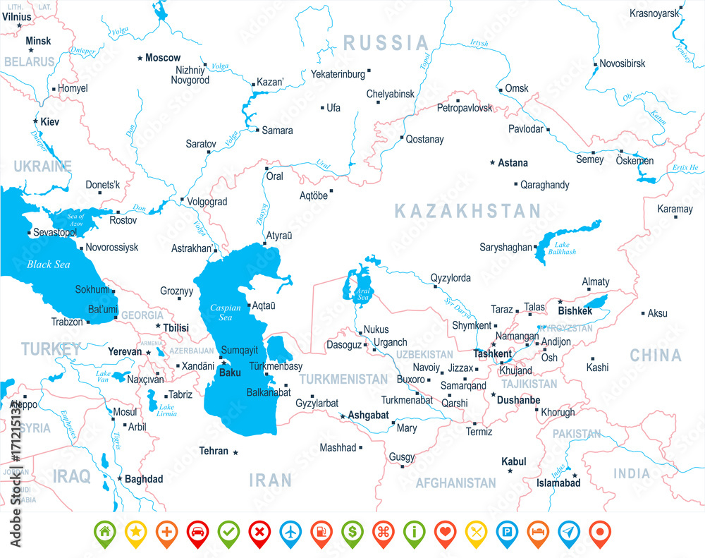 Caucasus and Central Asia Map - Vector Illustration Caucasus and Central Asia Map - Vector Illustration