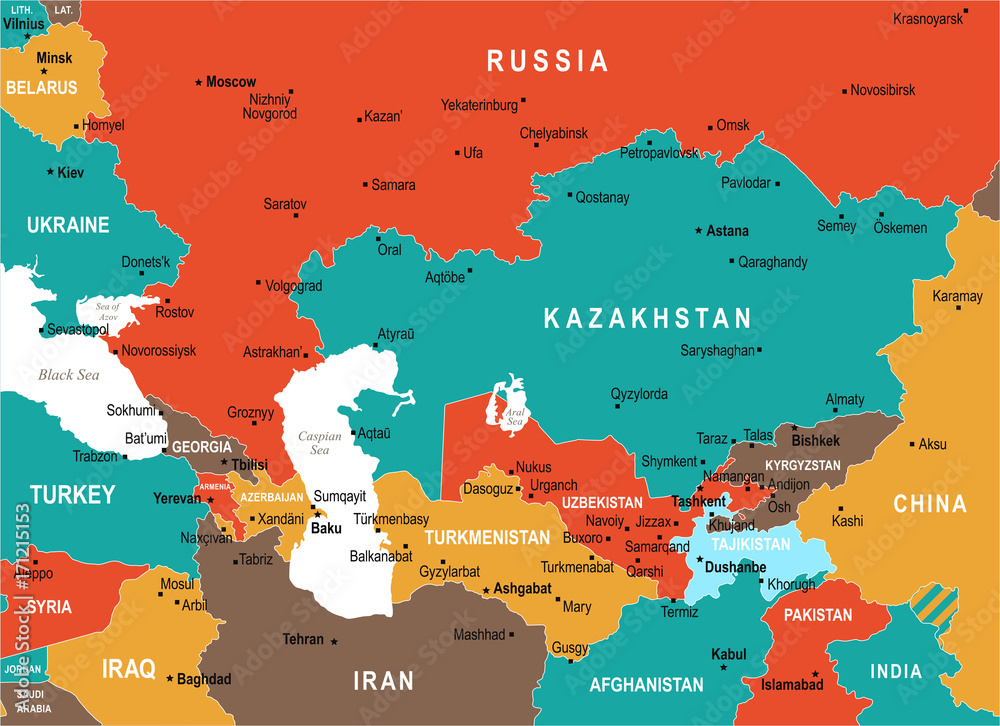 Caucasus and Central Asia Map - Vector Illustration Stock Vector ...