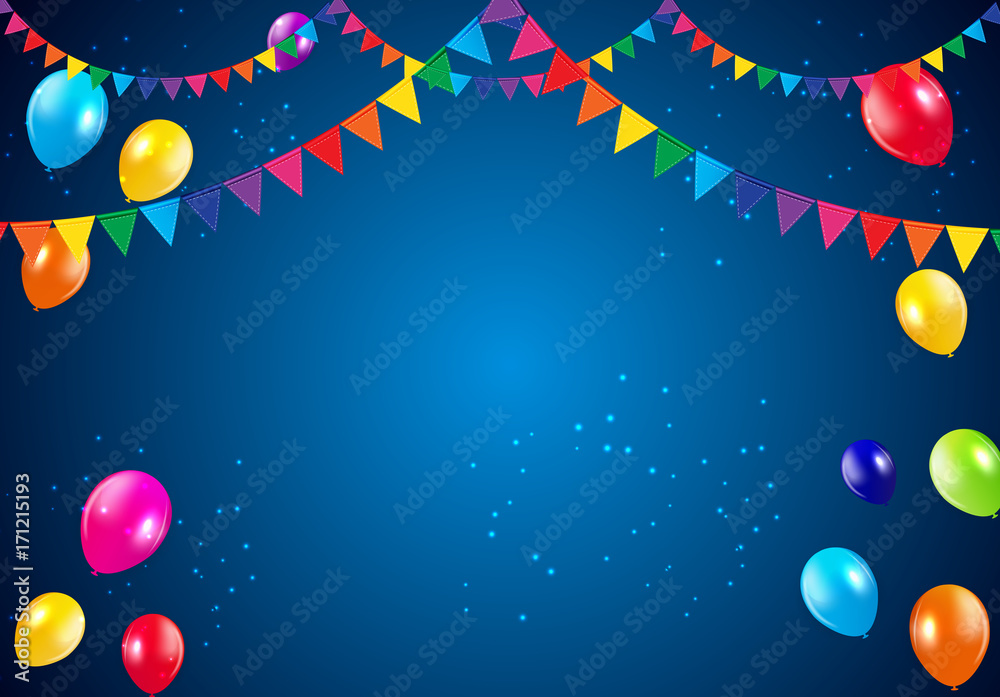 Happy Birthday Party Background with Flags and Balloons Vector Illustration