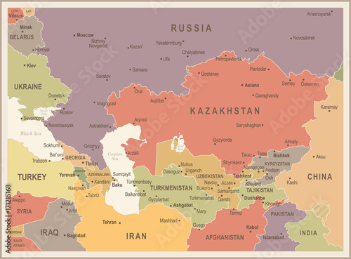 Caucasus and Central Asia Map - Vintage Vector Illustration