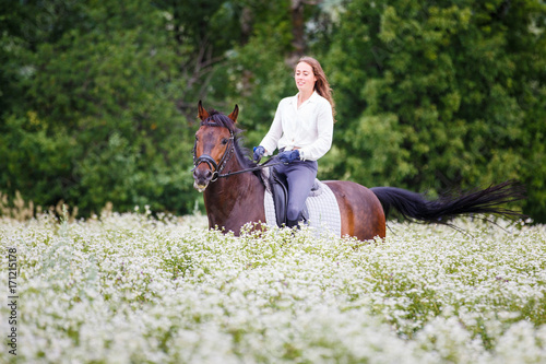 Young rider girl with long hair riding bay horse on camomile field