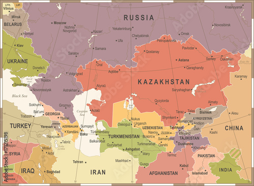 Caucasus and Central Asia Map - Vintage Vector Illustration