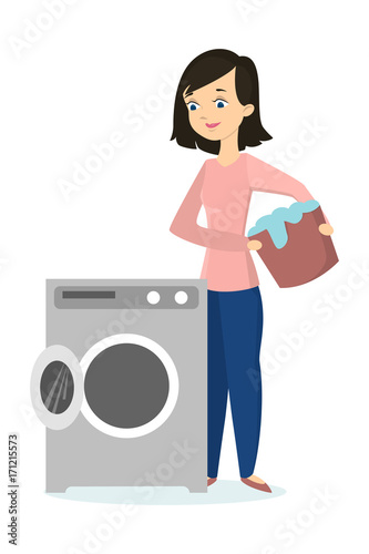 Woman folding washing machine.