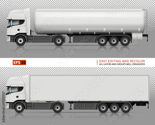 Trucks vector mock-up for car branding and advertising. Tanker and cargo truck trailer template. Elements of corporate identity. All layers and groups well organized for easy editing and recolor. 