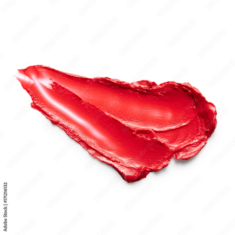 Smudged red lipstick isolated on white background