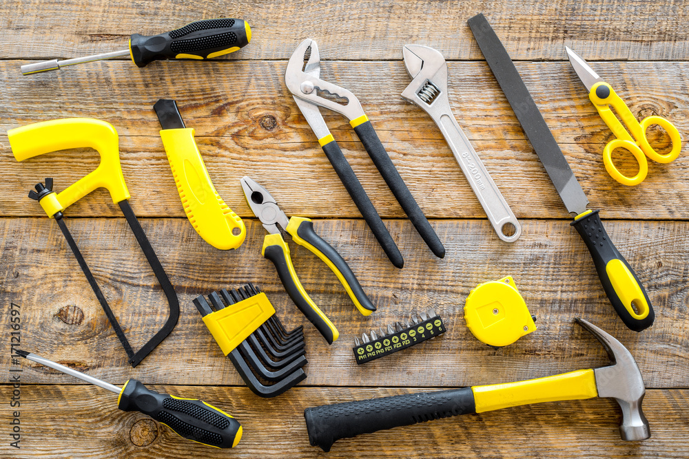 house renovation with implements set for building, painting and repair wooden table background top view house renovation with implements set for building, painting and repair wooden table background top view