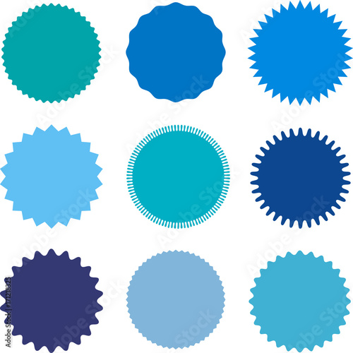 Set of starburst, sunburst badges, labels, stickers. Different shades of blue color.