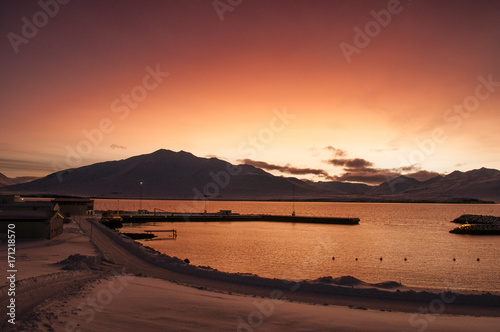 Sunset on island of Hrisey in Iceland