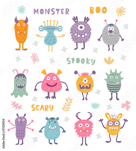Vector Set of Cute Scary Halloween Monsters.