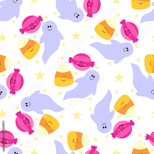 Seamless tiling Halloween vector texture with ghost, candy and stars