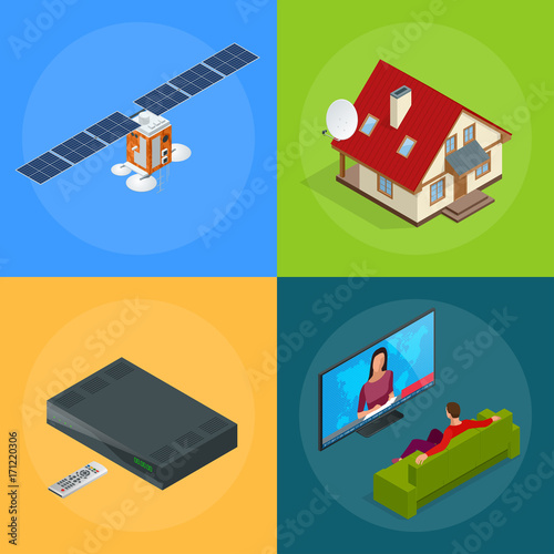 Four isometric web concepts a house with an antenna, satellite, a TV tuner, a man watching television. Wireless Technology and Global communication