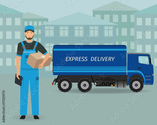 Delivery employee character standing with folder and package on a express delivery service car background.