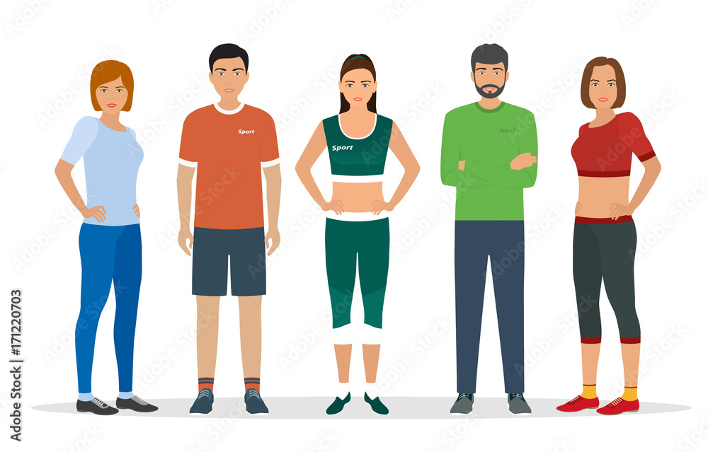 Group of people in sportswear for sports exercises in gym. Men and women characters dressed to fitness. Group of people in sportswear for sports exercises in gym. Men and women characters dressed to fitness.