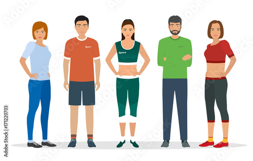 Group of people in sportswear for sports exercises in gym. Men and women characters dressed to fitness.