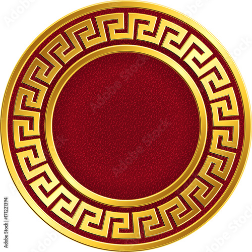 Golden round frame with traditional vintage Greek Meander pattern on the red background for design template. Gold pattern for decorative tiles and plates Traditional vintage Golden round Greek