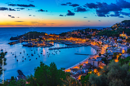 Beautiful sunset at the bay of Port de Soller Majorca island, Spain photo
