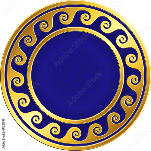 Golden round frame with traditional vintage Greek Meander pattern on the blue background for design template. Gold pattern for decorative tiles and plates Traditional vintage Golden round Greek