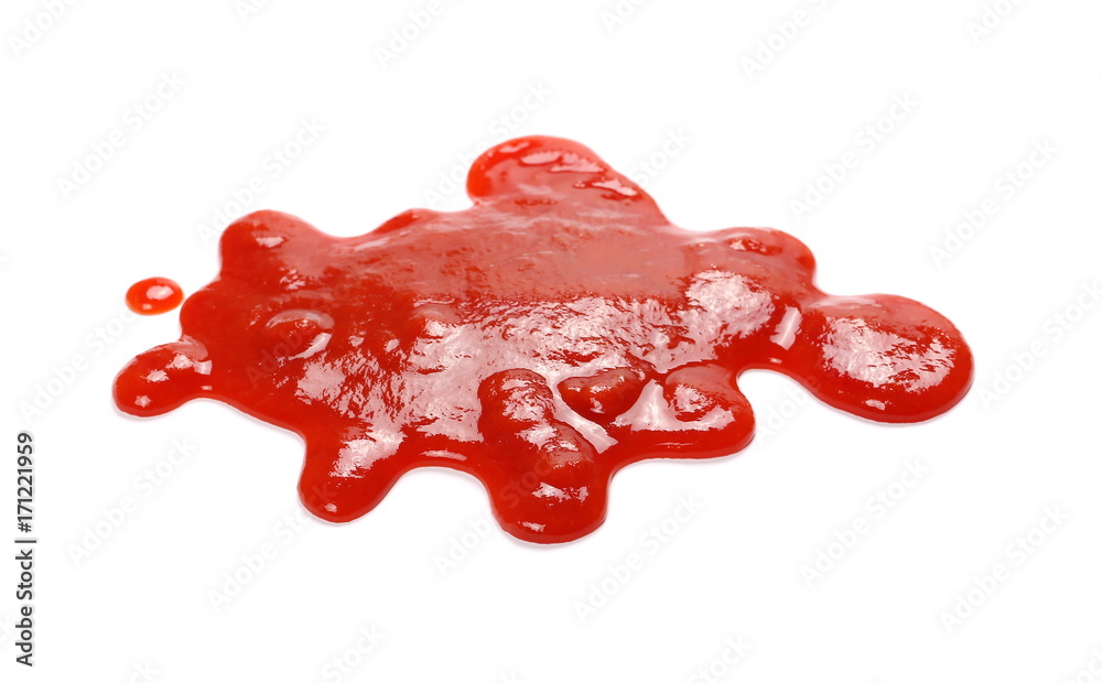 Red ketchup splashes isolated on white background, tomato pure texture Red ketchup splashes isolated on white background, tomato pure texture
