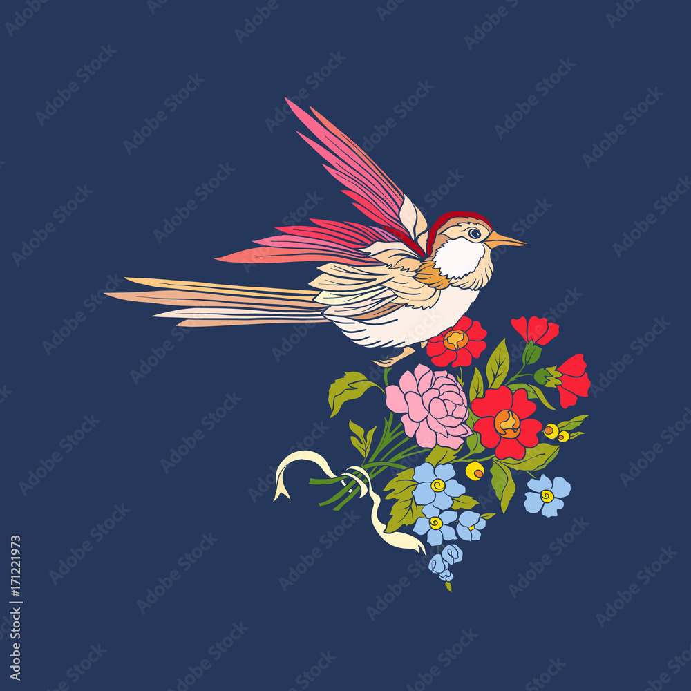 Naklejka premium Flowers and swallow on jeans background.