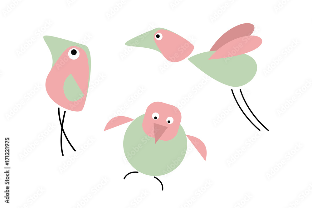 Three comic birds. Cartoon character. Red and green. Isolated objects. White background.