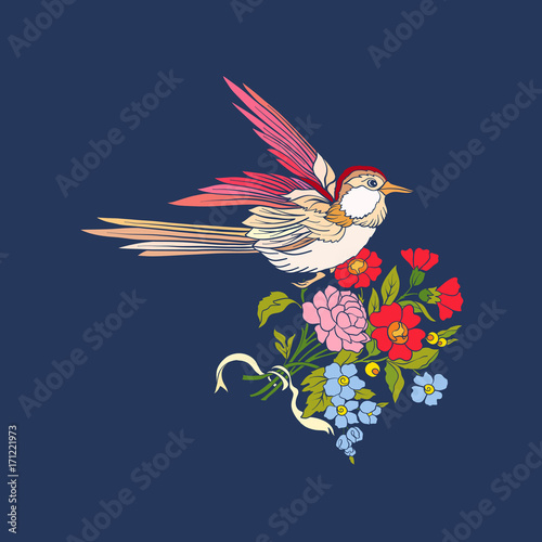 Flowers and swallow on jeans background. 