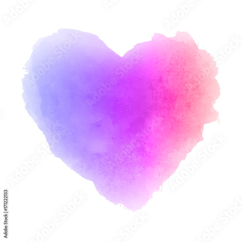 Watercolor gradient violet pink orange hand drawn paper texture isolated heart shaped stain on white background for valentines day. Abstract aquarelle vector illustration. Wet brush romantic painting.