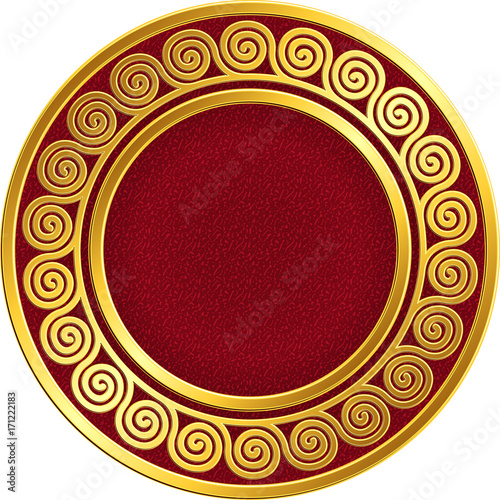 Golden round frame with traditional vintage Greek Meander pattern on the red background for design template. Gold pattern for decorative tiles and plates Traditional vintage Golden round Greek