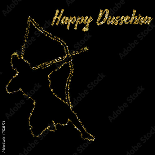 Happy Dussehra. Vector illustration of a bow and arrow to an Indian holiday. The inscription is sequins on a white background.