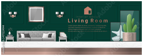 Interior design with table top and Modern living room background , vector , illustration