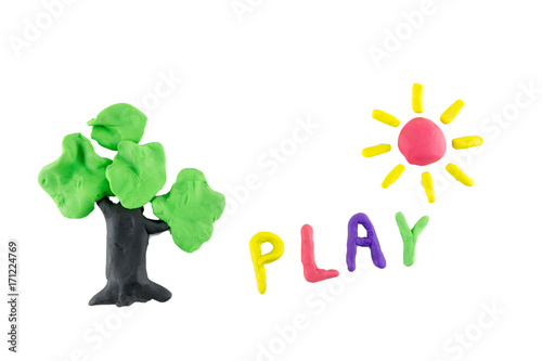 close up play dough tree, sun play isolated on white background.