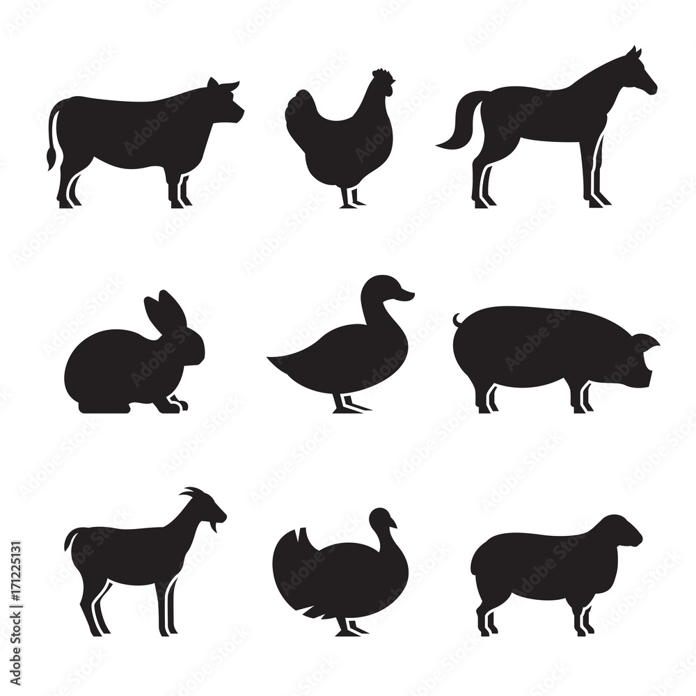 Farm animals silhouettes icons set