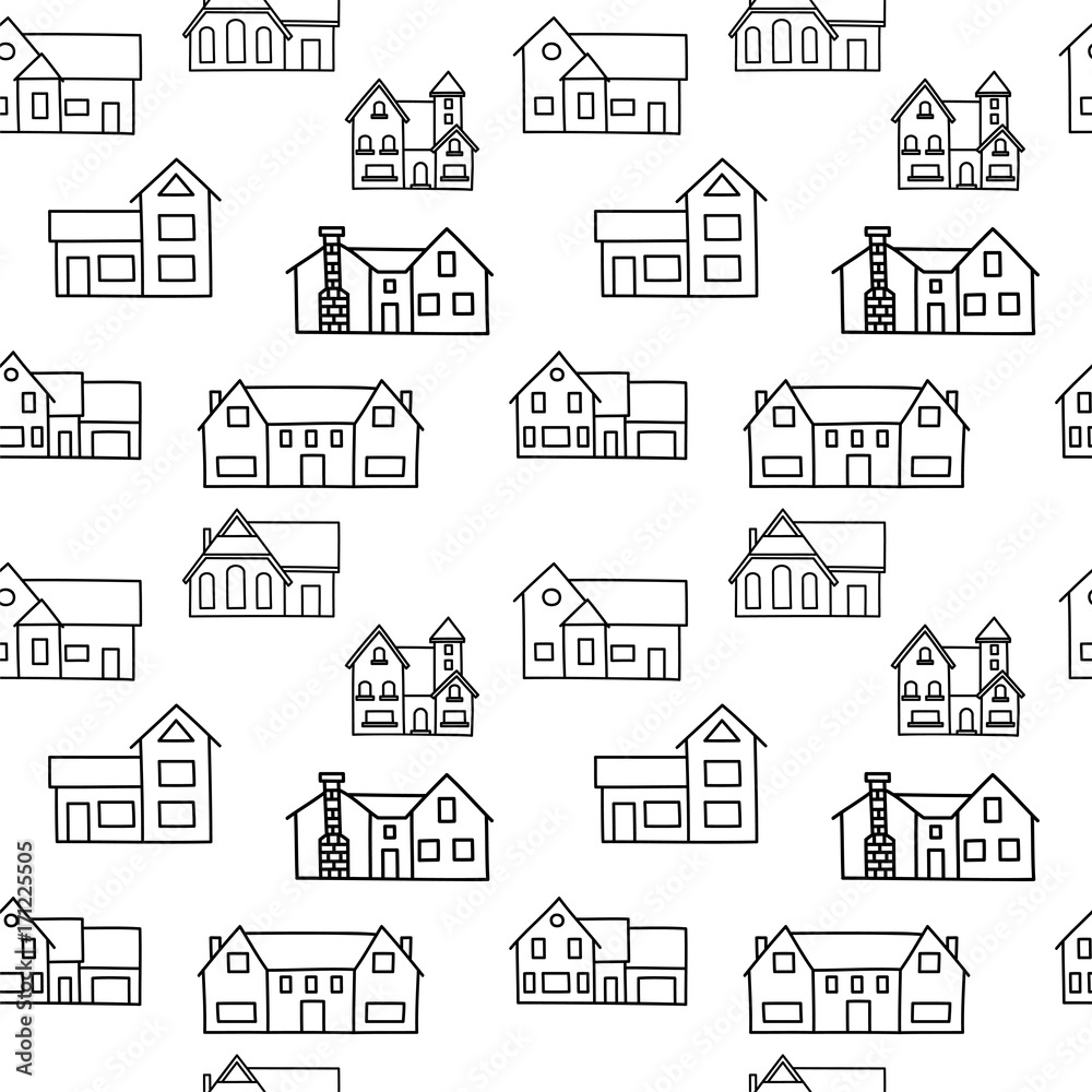 Seamless pattern of hand drawn houses on white background