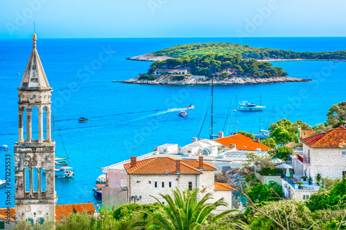 Hvar island landscape coastline. / Amazing coastline view at town Hvar scenery in Croatia, Mediterranean summertime.