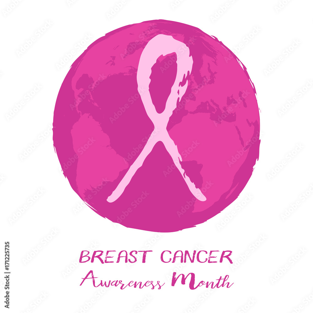Fototapeta premium Round logo with Earth globe and pink ribbon from hand written brush strokes on white background. National Breast Cancer Awareness Month. Vector illustration