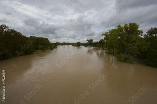 Wide shot of flooded Colorado River Bastrop Texas