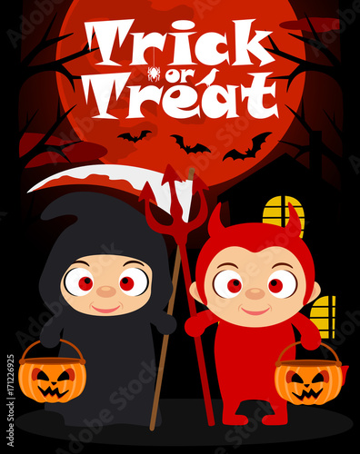 Halloween trick or treating background with kids in Halloween costume 